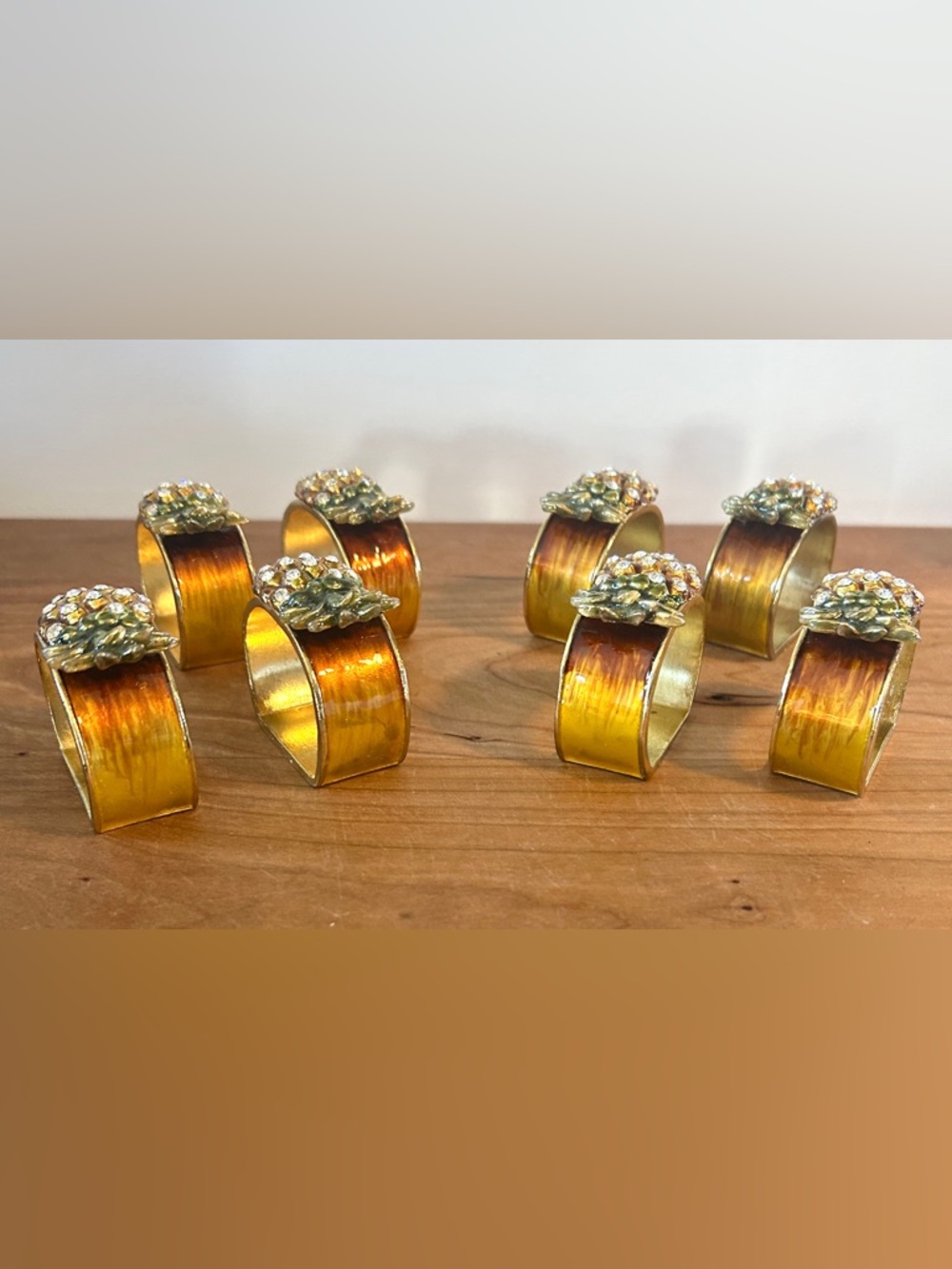 VTG ASHLEIGH MANOR Brass Pineapple Rhinestone Gold Enamel Napkin Rings SET OF 8